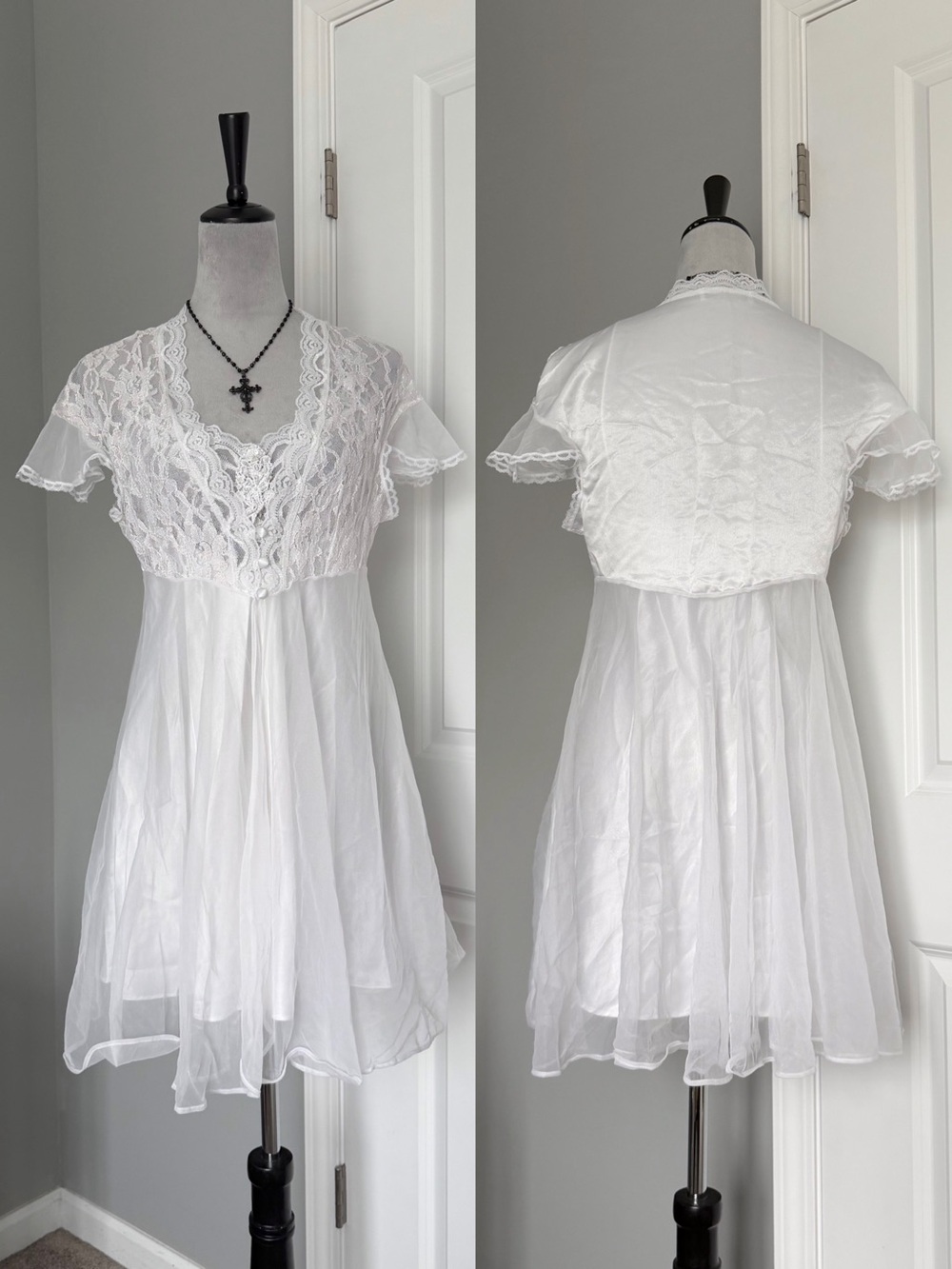 Vintage Val Mode White Bridal Peignoir Lingerie Lace Satin Two Piece Set